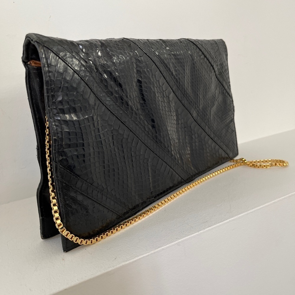 VINTAGE Leather Snakeskin Black Fold Over Shoulder Bag Convert to Clutch Chic